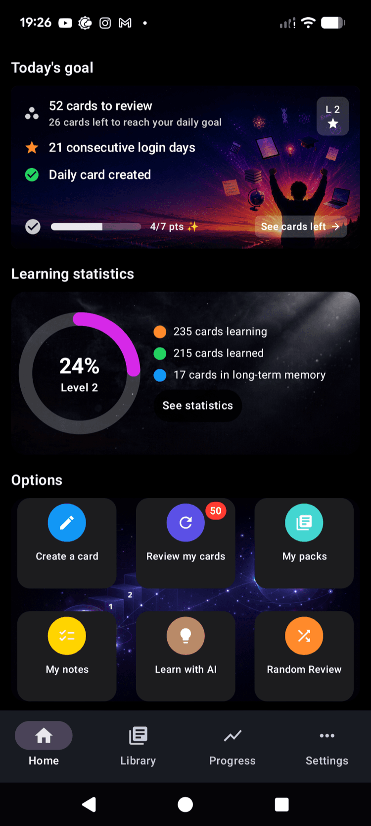 Genius Memory home screen on Android