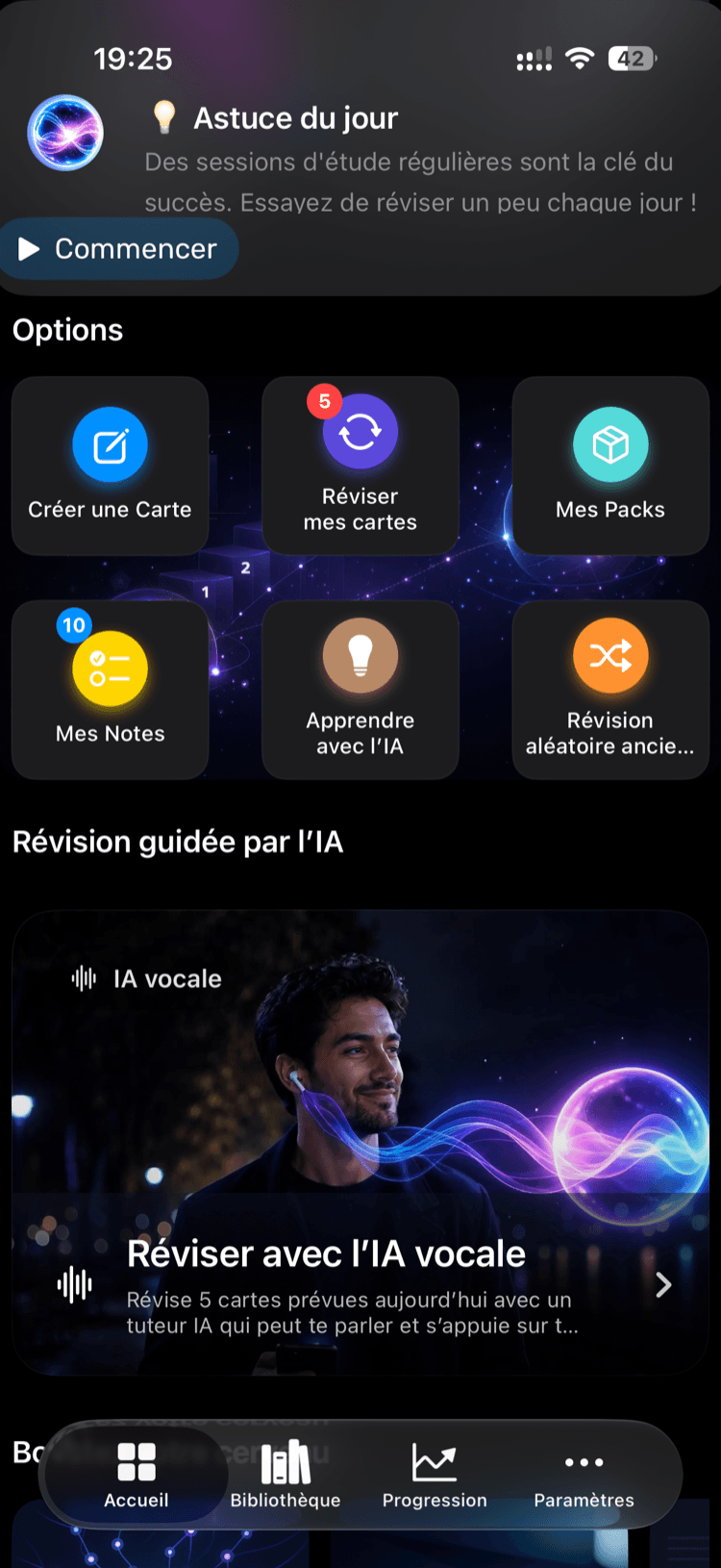Genius Memory home screen with the voice tutor on iPhone
